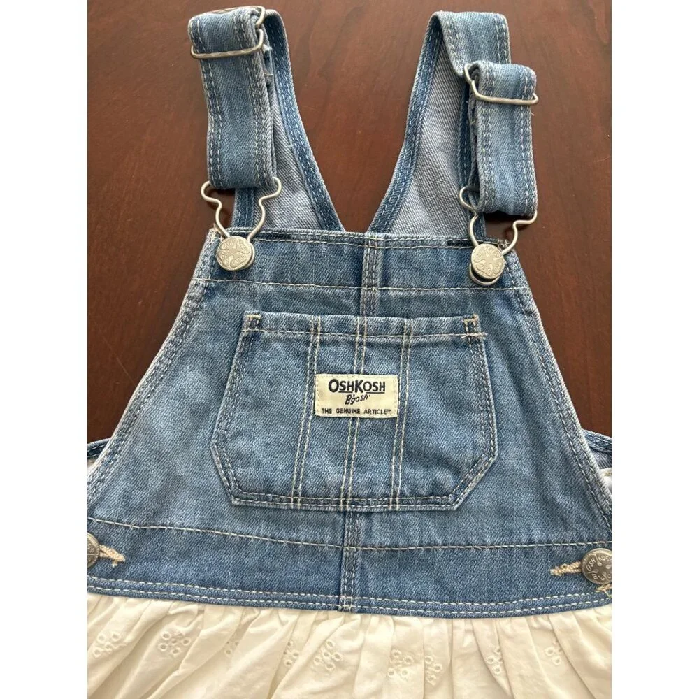 OshKosh B’gosh Denim Pinafore Eyelet Dress Toddler 2T Blue White
